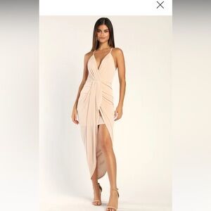 NWT - Lulus - Dreamy Date Champagne Surplice Midi Dress